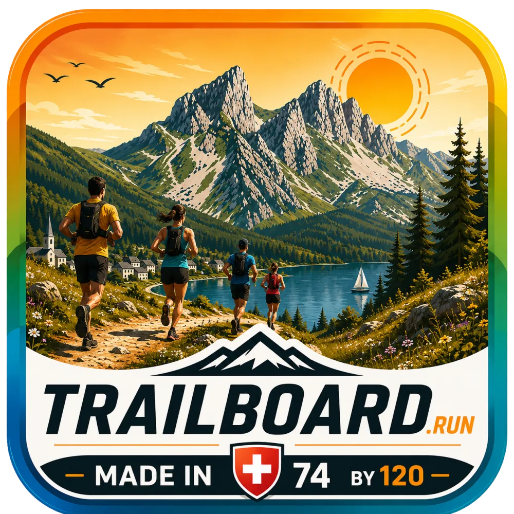 Logo illustré Trailboard avec des coureurs face aux montagnes