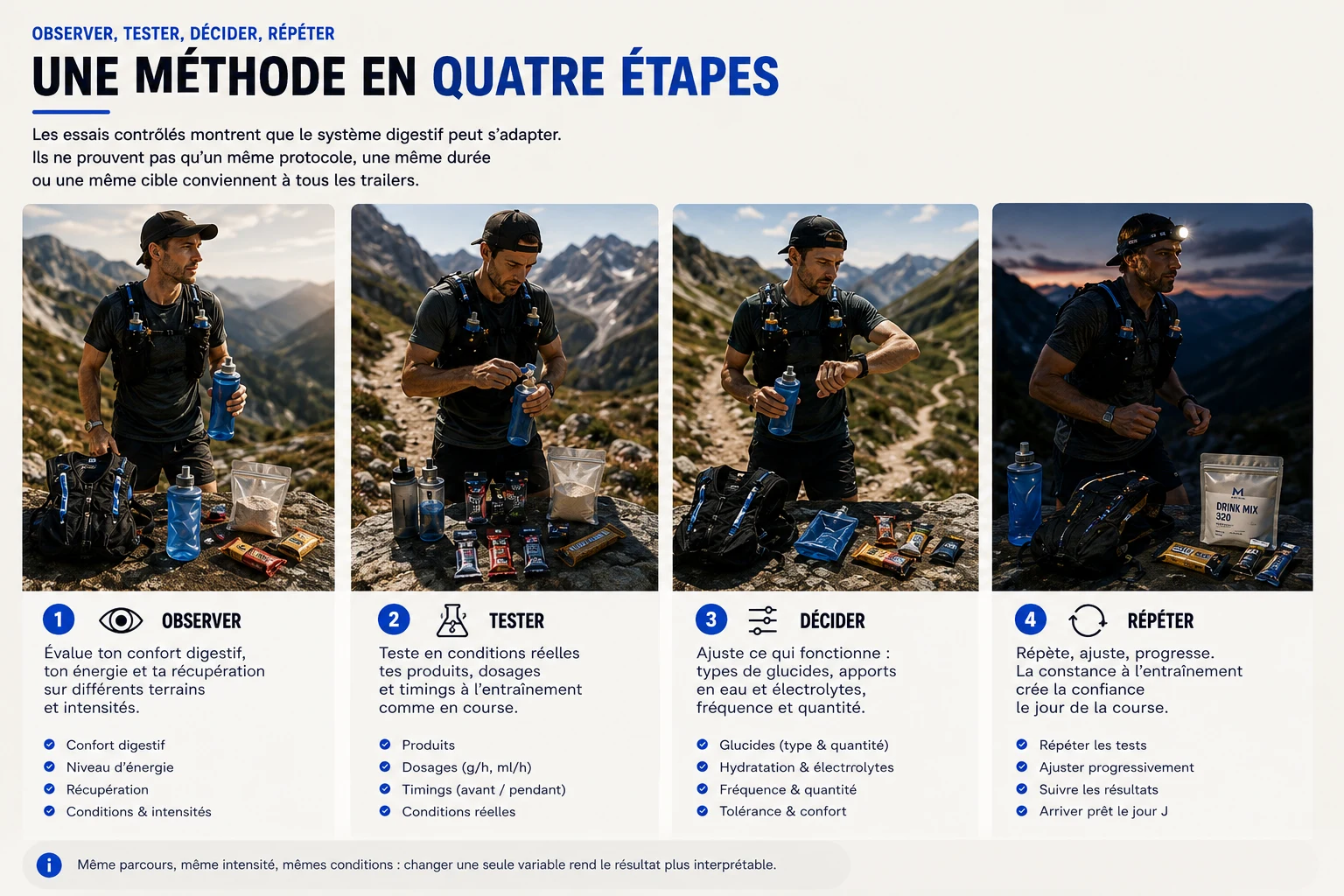 Deux sorties de trail comparables présentées comme une expérience, avec un seul élément nutritionnel modifié entre les deux.