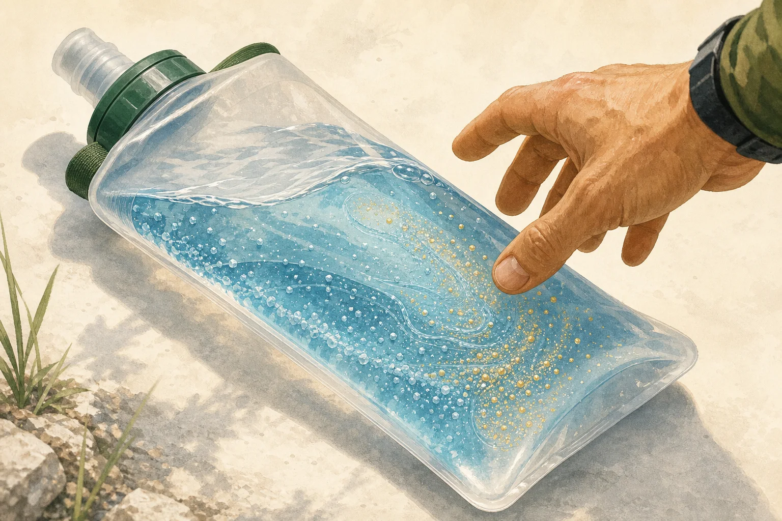 Bidon transparent décomposé en eau, particules de sodium et glucides énergétiques avec trois flux distincts.
