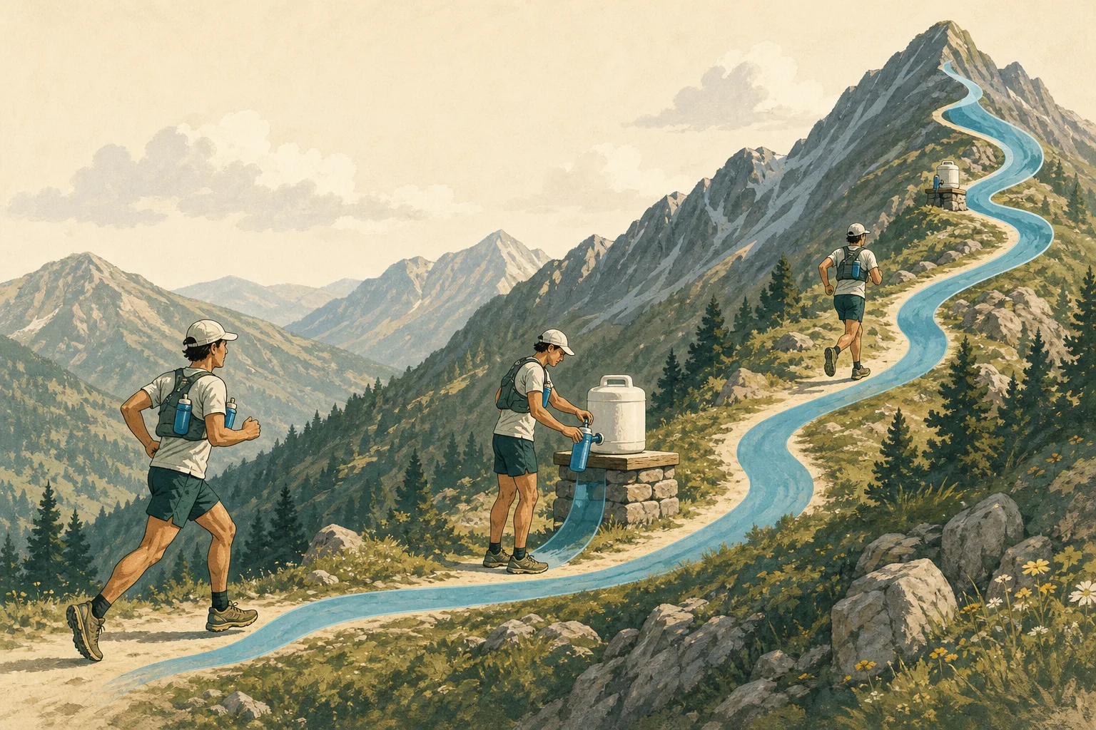 Parcours de montagne illustré avec départ, flasques portées, plusieurs ravitaillements et recharges successives.