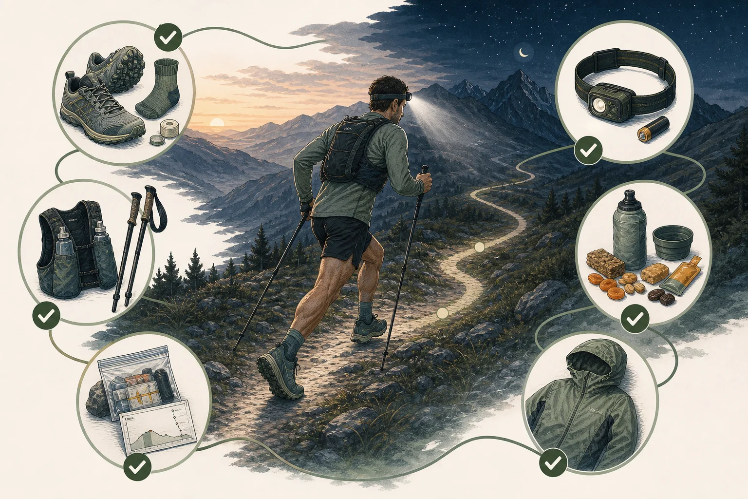 Répétition générale illustrée avec chaussures, sac, bâtons, frontale, alimentation, veste et feuille de route.