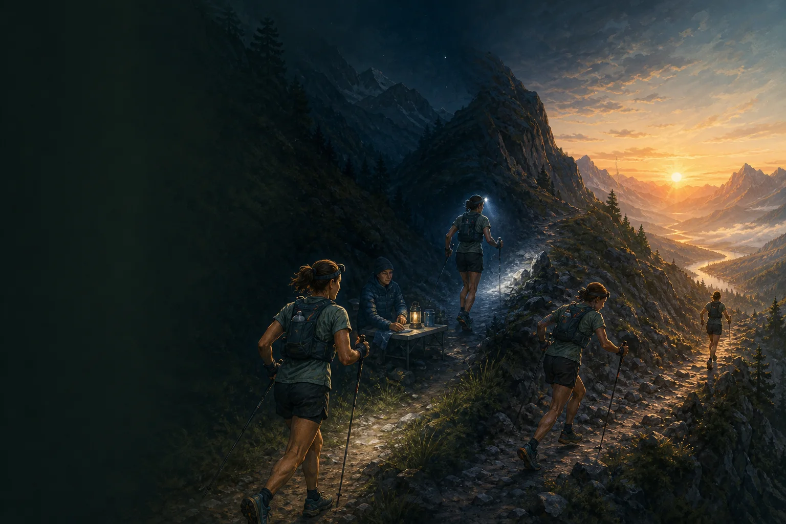 Trailer traversant la montagne du soir au lever du jour avec bâtons, frontale et ravitaillement.