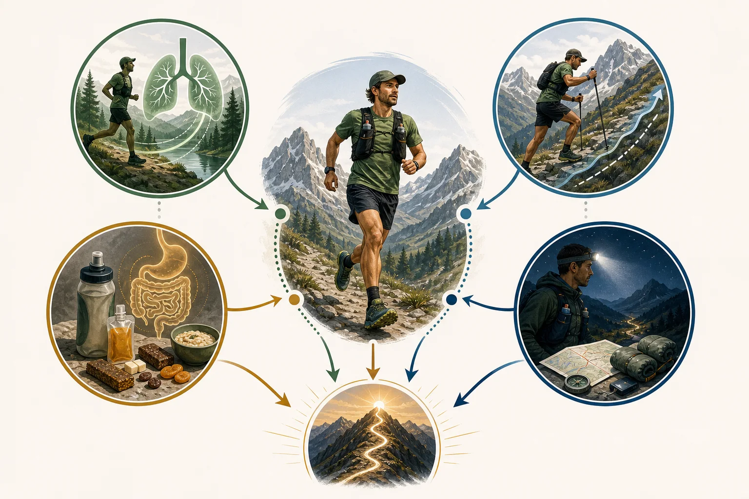 Cinq capacités reliées au trailer: endurance, montée, descente, nutrition et autonomie nocturne.