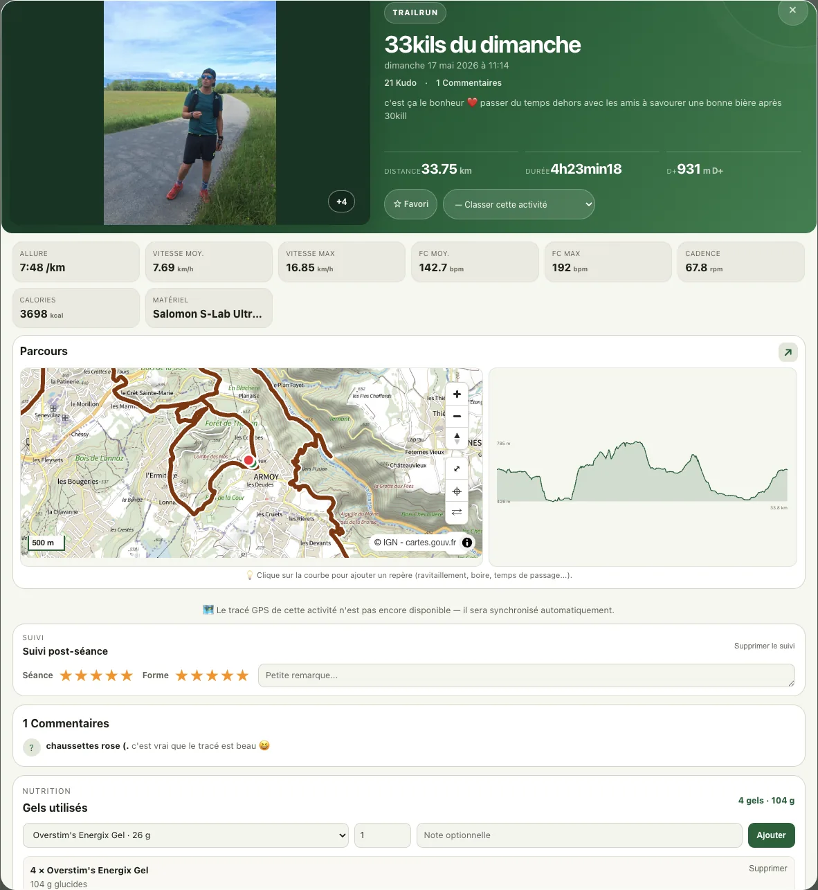 Détail d’une activité Trailboard avec photo, statistiques et suivi post-séance.