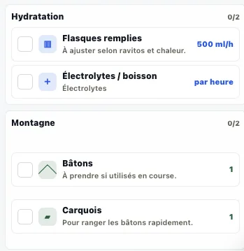 Préparation hydratation et matériel dans Trailboard
