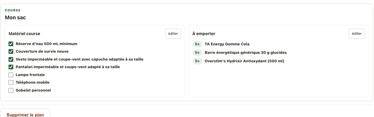Capture Trailboard de la liste du matériel de course et des produits nutritionnels à emporter.