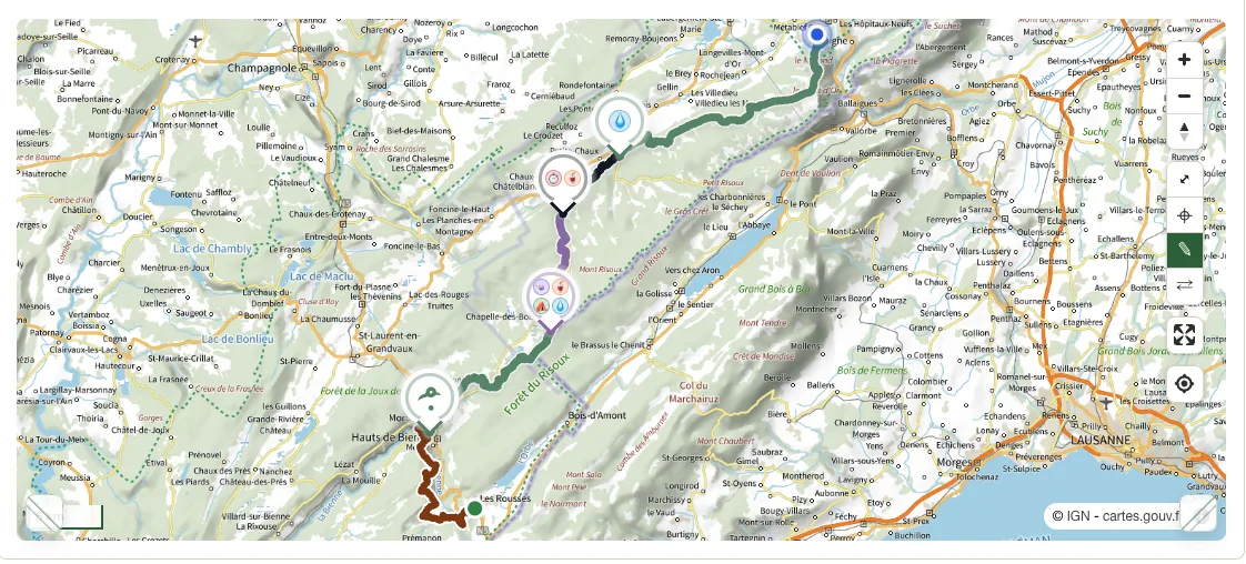 Carte Trailboard avec tracé et points clés