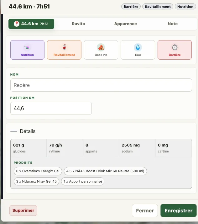 Détail d’un repère nutrition dans Trailboard