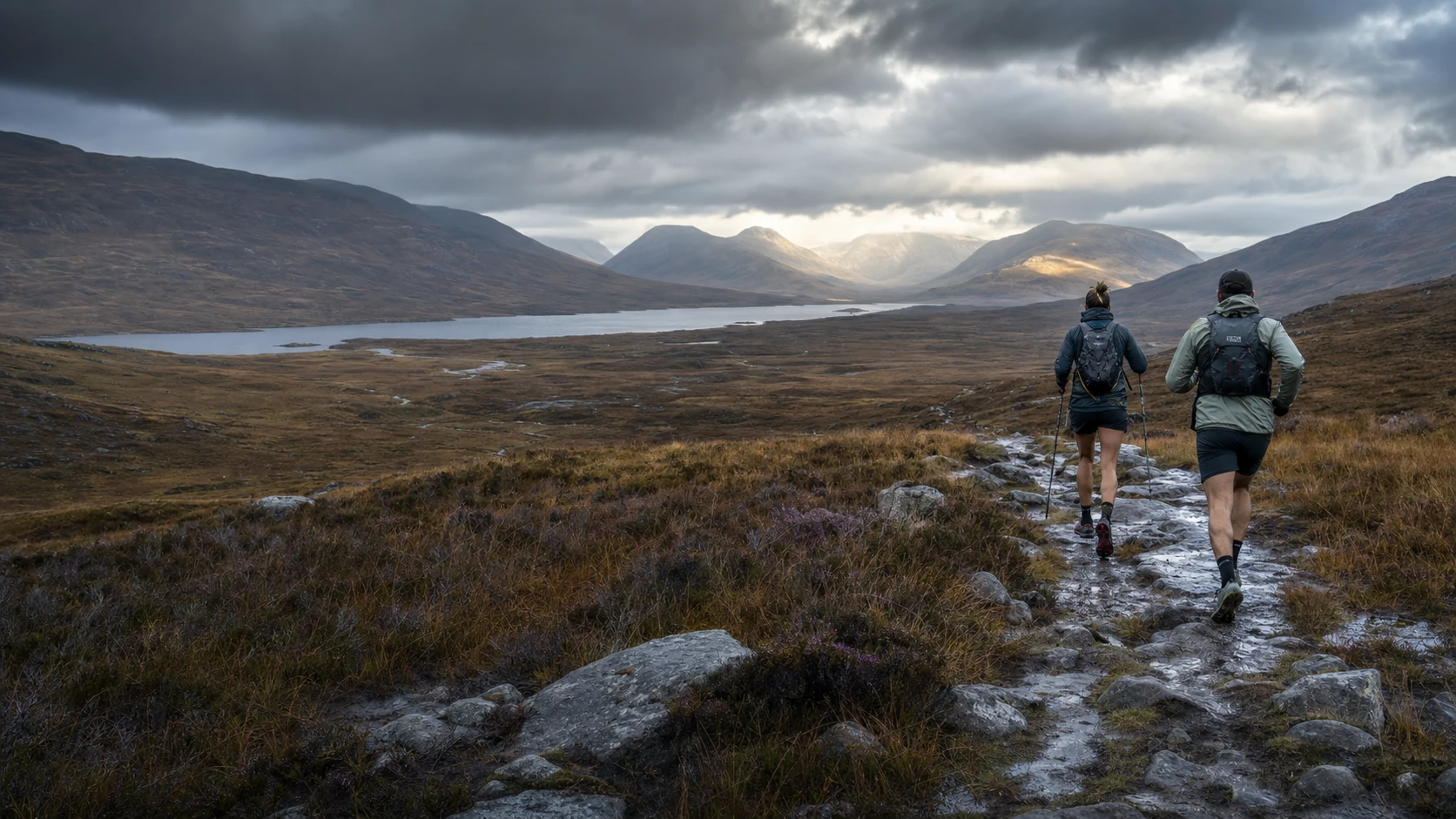 Two trail runners cross a wet Highland trail beneath a stormy sky.