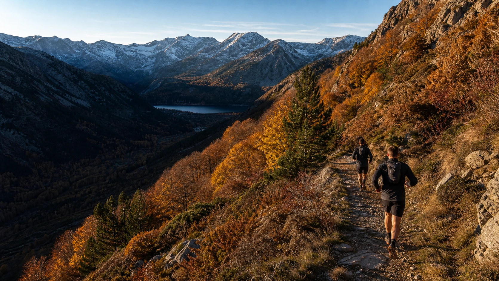 Dos corredores de trail recorren un sendero de los Pirineos entre colores de otoño y cumbres nevadas.